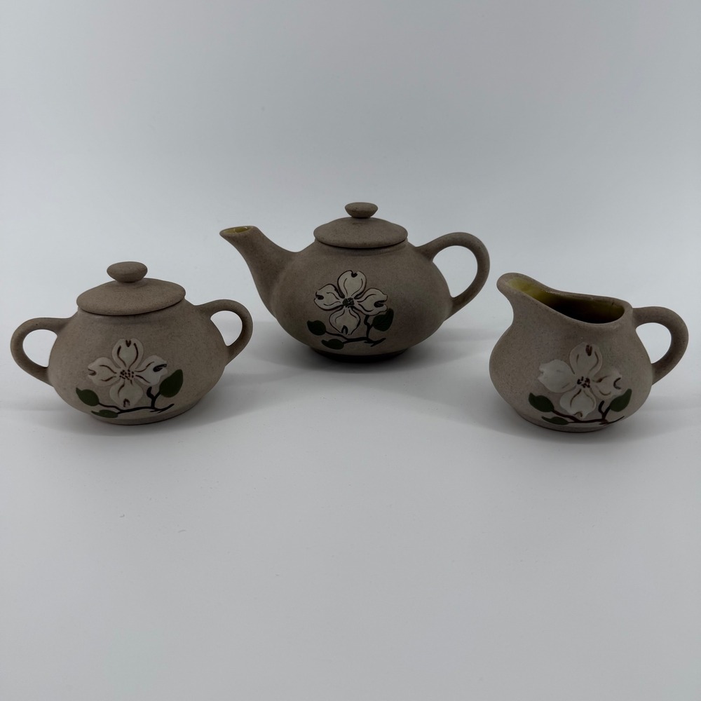 Pigeon River Pottery Creamer Sugar Teapot Set Dogwood Flower Handmade‎ 3pc VTG